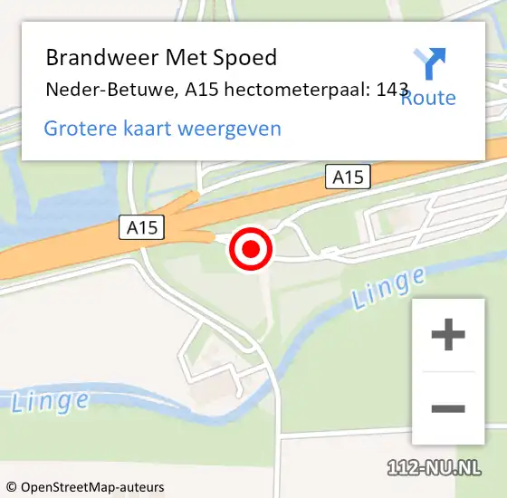 Locatie op kaart van de 112 melding: Brandweer Met Spoed Naar Neder-Betuwe, A15 hectometerpaal: 143 op 2 maart 2023 17:37