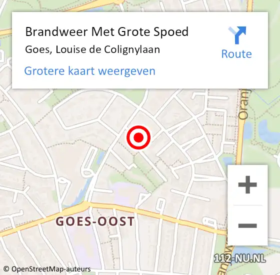 Locatie op kaart van de 112 melding: Brandweer Met Grote Spoed Naar Goes, Louise de Colignylaan op 2 maart 2023 19:48