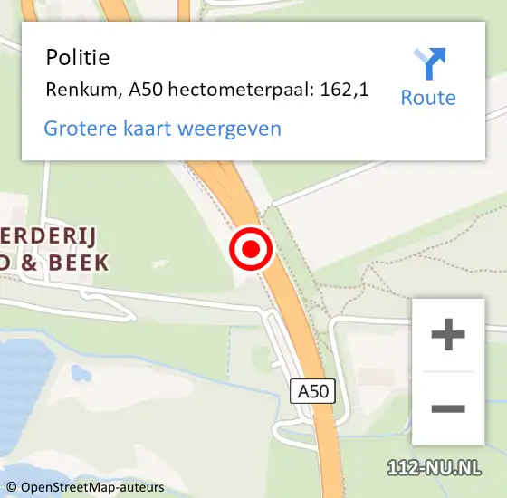 Locatie op kaart van de 112 melding: Politie Renkum, A50 hectometerpaal: 162,1 op 3 maart 2023 08:41