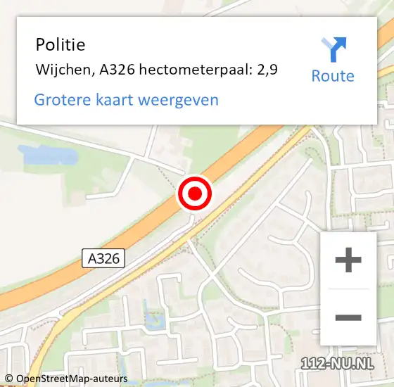 Locatie op kaart van de 112 melding: Politie Wijchen, A326 hectometerpaal: 2,9 op 3 maart 2023 08:51