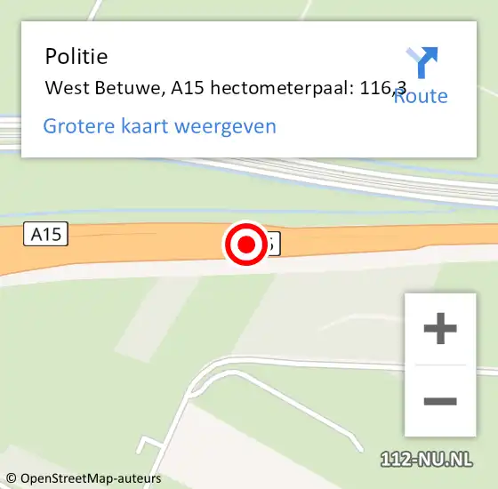 Locatie op kaart van de 112 melding: Politie West Betuwe, A15 hectometerpaal: 116,3 op 3 maart 2023 10:04