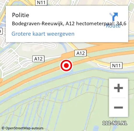 Locatie op kaart van de 112 melding: Politie Bodegraven-Reeuwijk, A12 hectometerpaal: 34,6 op 3 maart 2023 12:43