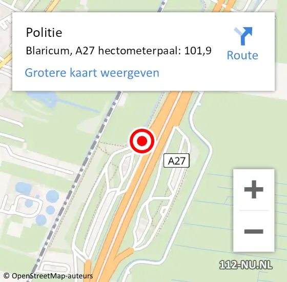 Locatie op kaart van de 112 melding: Politie Blaricum, A27 hectometerpaal: 101,9 op 3 maart 2023 12:55