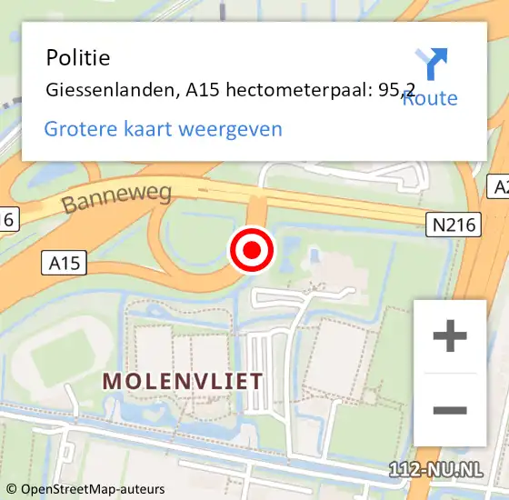 Locatie op kaart van de 112 melding: Politie Molenlanden, A15 hectometerpaal: 95,2 op 3 maart 2023 15:36