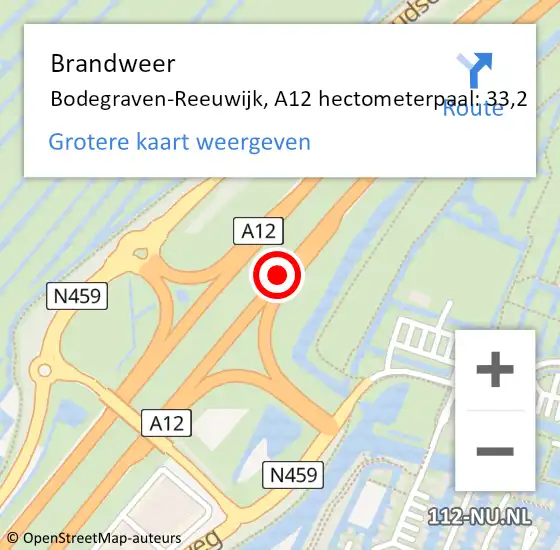 Locatie op kaart van de 112 melding: Brandweer Bodegraven-Reeuwijk, A12 hectometerpaal: 33,2 op 3 maart 2023 21:54