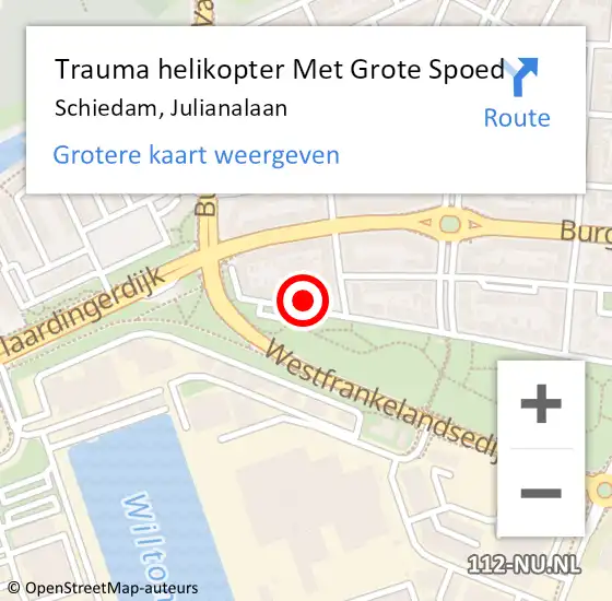 Locatie op kaart van de 112 melding: Trauma helikopter Met Grote Spoed Naar Schiedam, Julianalaan op 3 maart 2023 22:16