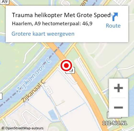Locatie op kaart van de 112 melding: Trauma helikopter Met Grote Spoed Naar Haarlem, A9 hectometerpaal: 46,9 op 4 maart 2023 03:43