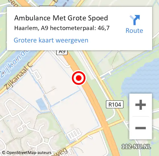 Locatie op kaart van de 112 melding: Ambulance Met Grote Spoed Naar Haarlem, A9 hectometerpaal: 46,7 op 4 maart 2023 03:50