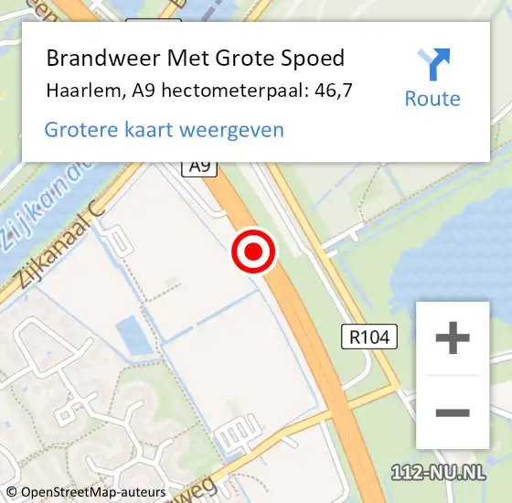 Locatie op kaart van de 112 melding: Brandweer Met Grote Spoed Naar Haarlem, A9 hectometerpaal: 46,7 op 4 maart 2023 03:51