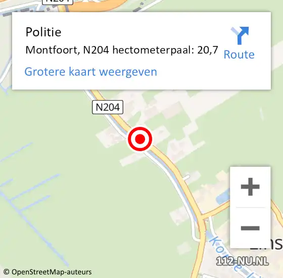 Locatie op kaart van de 112 melding: Politie Montfoort, N204 hectometerpaal: 20,7 op 4 maart 2023 03:56