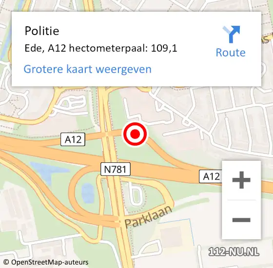 Locatie op kaart van de 112 melding: Politie Ede, A12 hectometerpaal: 109,1 op 4 maart 2023 05:53