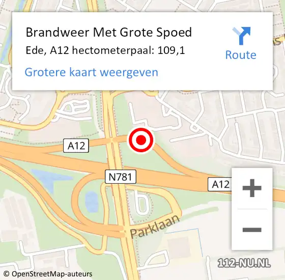 Locatie op kaart van de 112 melding: Brandweer Met Grote Spoed Naar Ede, A12 hectometerpaal: 109,1 op 4 maart 2023 05:53