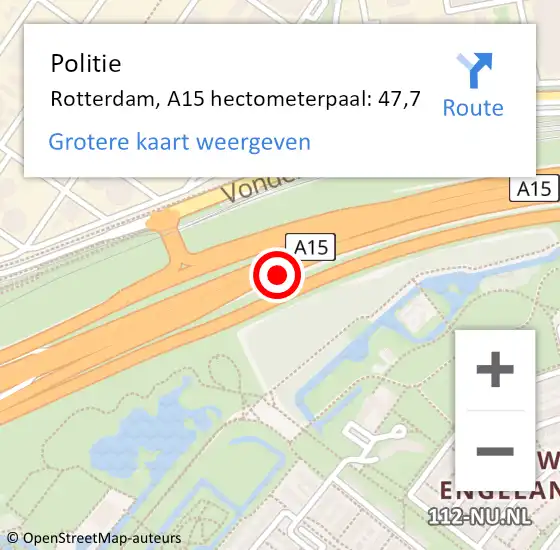 Locatie op kaart van de 112 melding: Politie Rotterdam, A15 hectometerpaal: 47,7 op 4 maart 2023 07:29