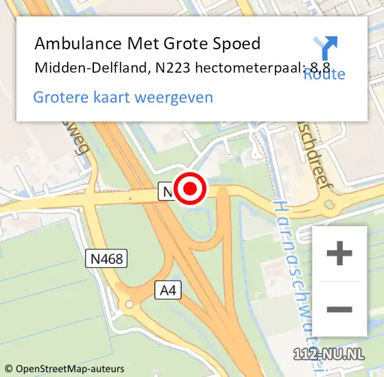 Locatie op kaart van de 112 melding: Ambulance Met Grote Spoed Naar Midden-Delfland, N223 hectometerpaal: 8,8 op 4 maart 2023 09:49