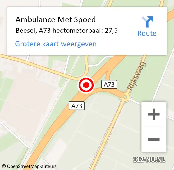 Locatie op kaart van de 112 melding: Ambulance Met Spoed Naar Beesel, A73 hectometerpaal: 27,5 op 4 maart 2023 13:15