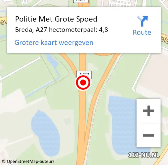 Locatie op kaart van de 112 melding: Politie Met Grote Spoed Naar Breda, A27 hectometerpaal: 4,8 op 4 maart 2023 14:02