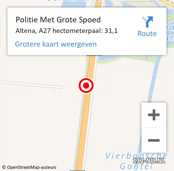 Locatie op kaart van de 112 melding: Politie Met Grote Spoed Naar Altena, A27 hectometerpaal: 31,1 op 4 maart 2023 18:23