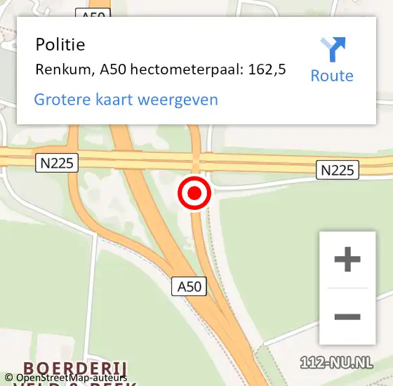 Locatie op kaart van de 112 melding: Politie Renkum, A50 hectometerpaal: 162,5 op 4 maart 2023 21:08