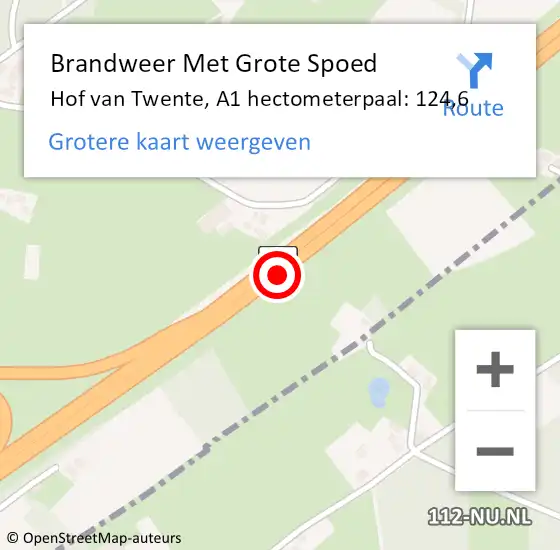 Locatie op kaart van de 112 melding: Brandweer Met Grote Spoed Naar Hof van Twente, A1 hectometerpaal: 124,6 op 4 maart 2023 21:27