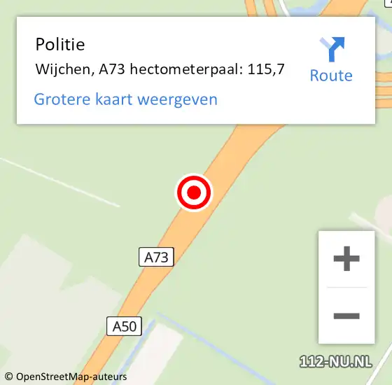 Locatie op kaart van de 112 melding: Politie Wijchen, A73 hectometerpaal: 115,7 op 5 maart 2023 00:14