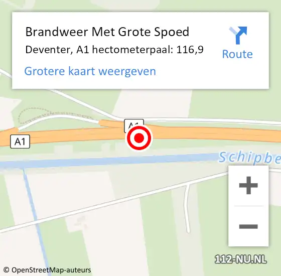 Locatie op kaart van de 112 melding: Brandweer Met Grote Spoed Naar Deventer, A1 hectometerpaal: 116,9 op 5 maart 2023 07:41