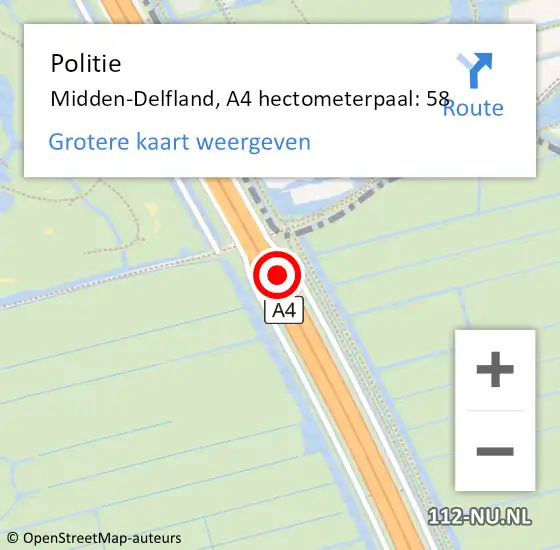 Locatie op kaart van de 112 melding: Politie Midden-Delfland, A4 hectometerpaal: 58 op 5 maart 2023 14:24