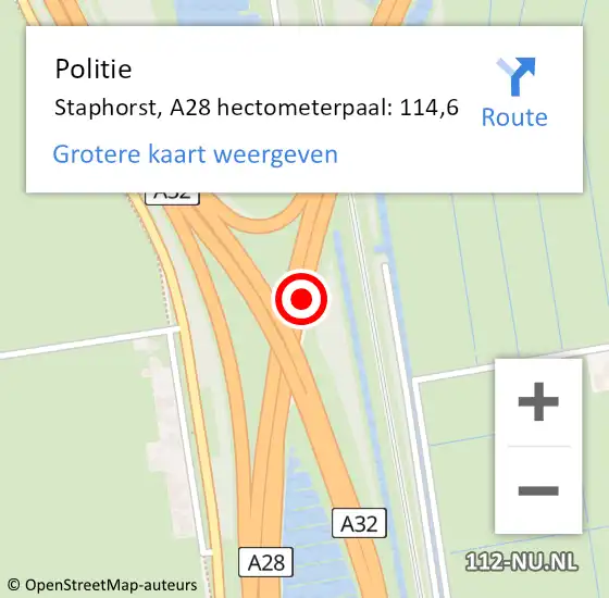 Locatie op kaart van de 112 melding: Politie Staphorst, A28 hectometerpaal: 114,6 op 6 maart 2023 05:51