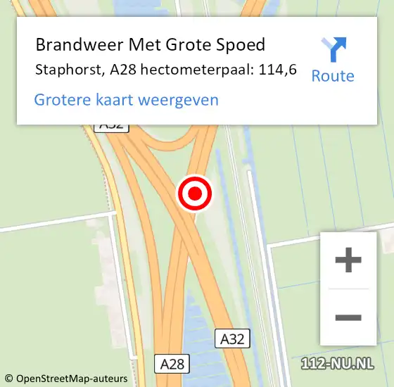 Locatie op kaart van de 112 melding: Brandweer Met Grote Spoed Naar Staphorst, A28 hectometerpaal: 114,6 op 6 maart 2023 05:51