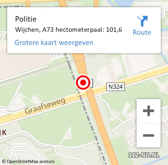 Locatie op kaart van de 112 melding: Politie Wijchen, A73 hectometerpaal: 101,6 op 6 maart 2023 06:14