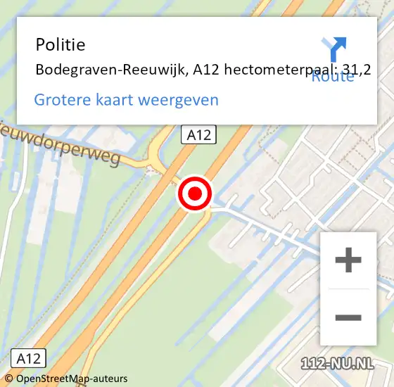 Locatie op kaart van de 112 melding: Politie Bodegraven-Reeuwijk, A12 hectometerpaal: 31,2 op 6 maart 2023 08:44