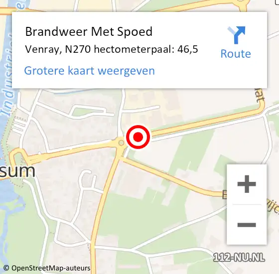 Locatie op kaart van de 112 melding: Brandweer Met Spoed Naar Venray, N270 hectometerpaal: 46,5 op 6 maart 2023 10:36