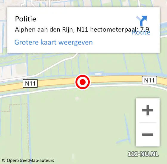Locatie op kaart van de 112 melding: Politie Alphen aan den Rijn, N11 hectometerpaal: 7,9 op 6 maart 2023 12:22