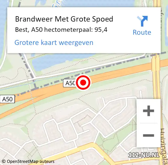 Locatie op kaart van de 112 melding: Brandweer Met Grote Spoed Naar Best, A50 hectometerpaal: 95,4 op 6 maart 2023 14:26