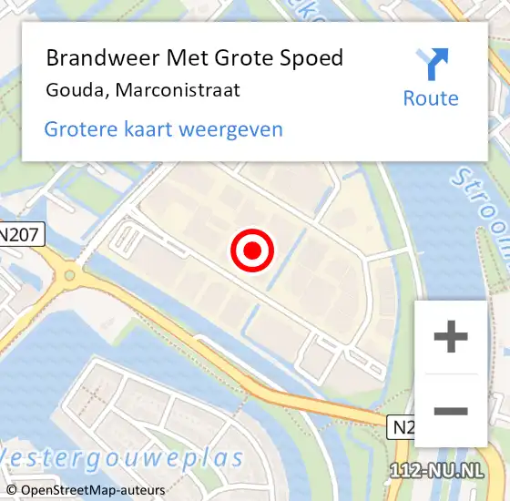 Locatie op kaart van de 112 melding: Brandweer Met Grote Spoed Naar Gouda, Marconistraat op 6 maart 2023 15:08