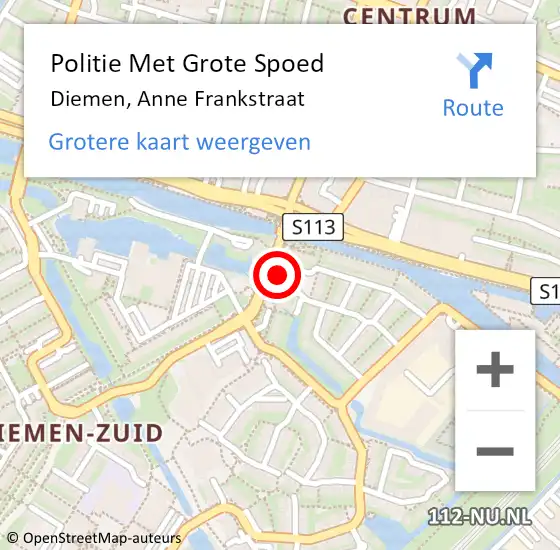 Locatie op kaart van de 112 melding: Politie Met Grote Spoed Naar Diemen, Anne Frankstraat op 6 maart 2023 16:42