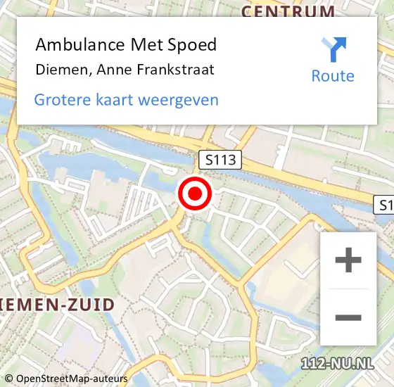 Locatie op kaart van de 112 melding: Ambulance Met Spoed Naar Diemen, Anne Frankstraat op 6 maart 2023 16:43