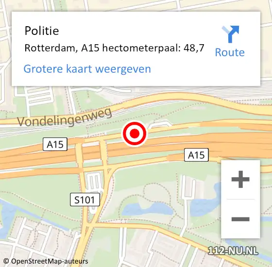 Locatie op kaart van de 112 melding: Politie Rotterdam, A15 hectometerpaal: 48,7 op 6 maart 2023 17:32