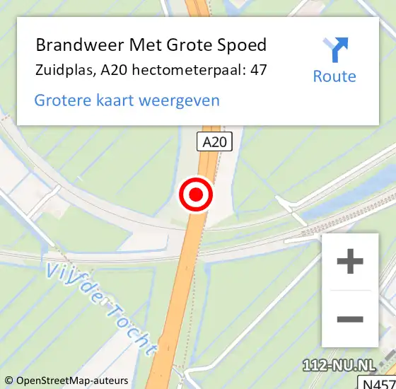 Locatie op kaart van de 112 melding: Brandweer Met Grote Spoed Naar Zuidplas, A20 hectometerpaal: 47 op 6 maart 2023 19:46