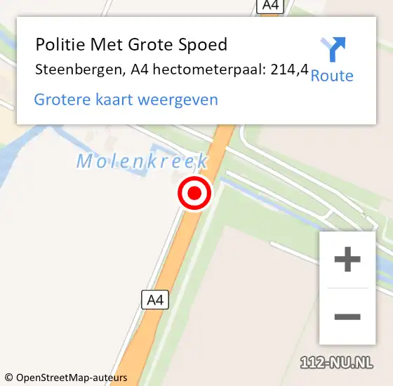 Locatie op kaart van de 112 melding: Politie Met Grote Spoed Naar Steenbergen, A4 hectometerpaal: 214,4 op 6 maart 2023 20:47