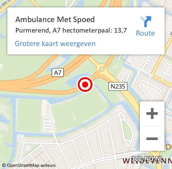 Locatie op kaart van de 112 melding: Ambulance Met Spoed Naar Purmerend, A7 hectometerpaal: 13,7 op 6 maart 2023 20:48