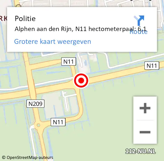 Locatie op kaart van de 112 melding: Politie Alphen aan den Rijn, N11 hectometerpaal: 6,1 op 6 maart 2023 22:15