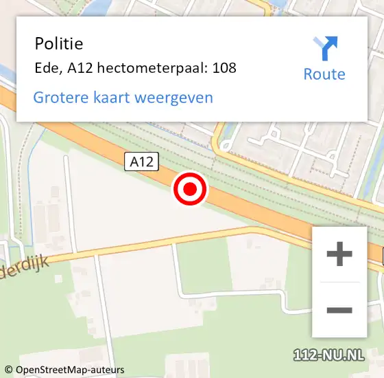 Locatie op kaart van de 112 melding: Politie Ede, A12 hectometerpaal: 108 op 7 maart 2023 00:01