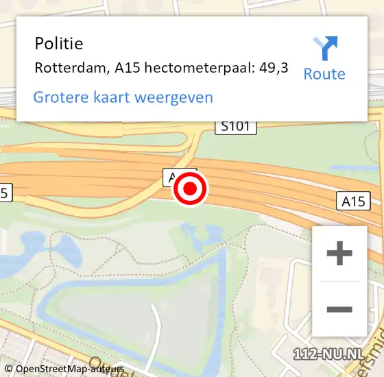 Locatie op kaart van de 112 melding: Politie Rotterdam, A15 hectometerpaal: 49,3 op 7 maart 2023 06:22