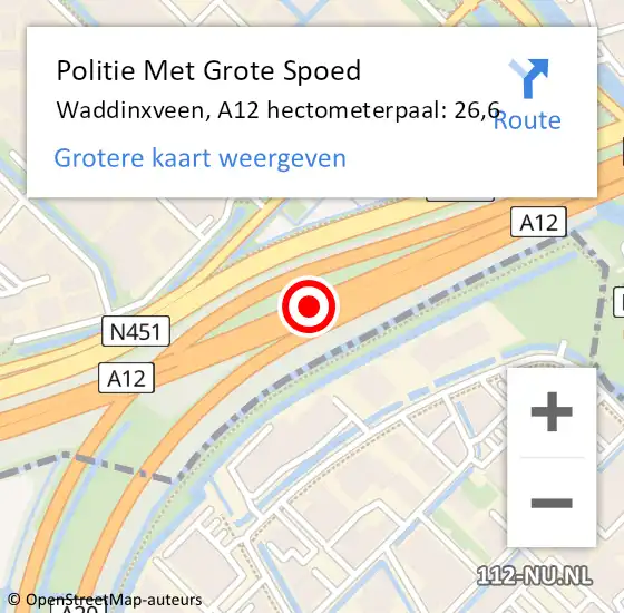 Locatie op kaart van de 112 melding: Politie Met Grote Spoed Naar Waddinxveen, A12 hectometerpaal: 26,6 op 7 maart 2023 06:47