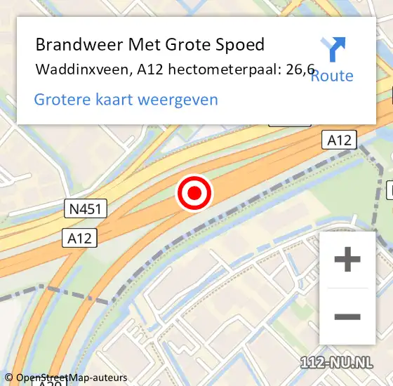 Locatie op kaart van de 112 melding: Brandweer Met Grote Spoed Naar Waddinxveen, A12 hectometerpaal: 26,6 op 7 maart 2023 06:53