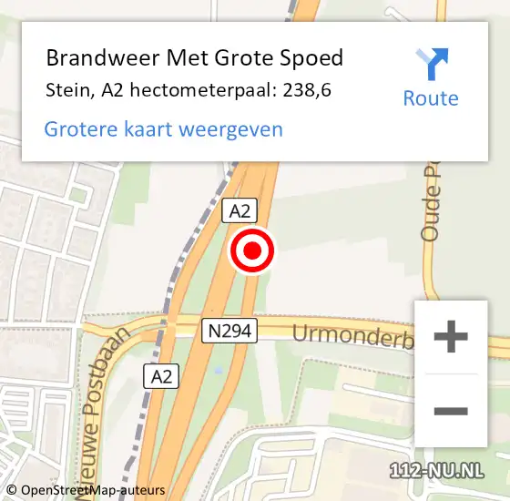 Locatie op kaart van de 112 melding: Brandweer Met Grote Spoed Naar Stein, A2 hectometerpaal: 238,6 op 7 maart 2023 07:10