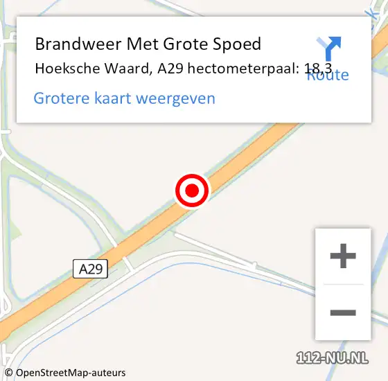 Locatie op kaart van de 112 melding: Brandweer Met Grote Spoed Naar Hoeksche Waard, A29 hectometerpaal: 18,3 op 7 maart 2023 07:25