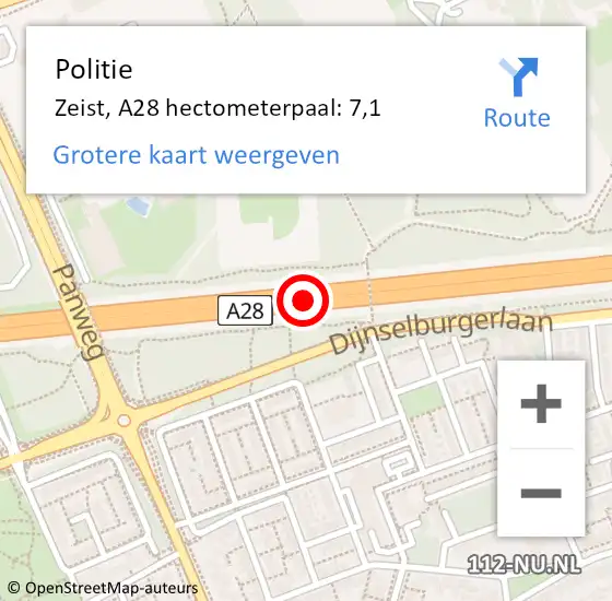 Locatie op kaart van de 112 melding: Politie Zeist, A28 hectometerpaal: 7,1 op 7 maart 2023 07:28