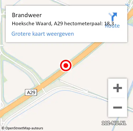 Locatie op kaart van de 112 melding: Brandweer Hoeksche Waard, A29 hectometerpaal: 18,3 op 7 maart 2023 07:32