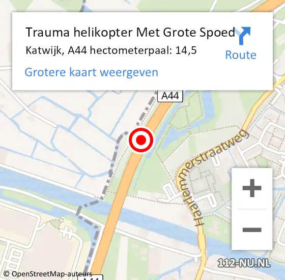 Locatie op kaart van de 112 melding: Trauma helikopter Met Grote Spoed Naar Katwijk, A44 hectometerpaal: 14,5 op 7 maart 2023 11:19